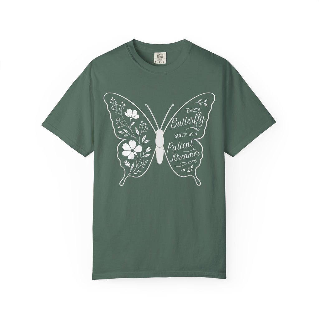 Delicate Floral Butterfly With Quote T-Shirt | Minimal Outline Inset Design