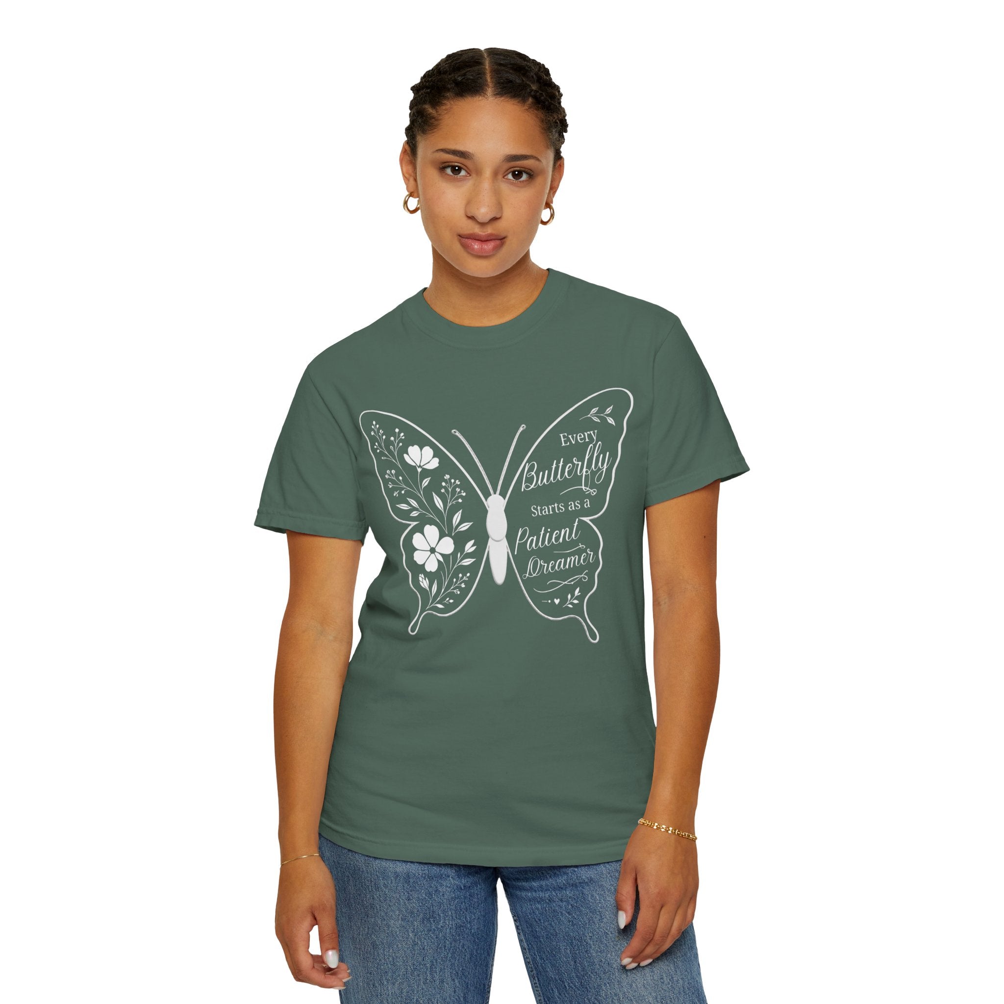 Delicate Floral Butterfly With Quote T-Shirt | Minimal Outline Inset Design