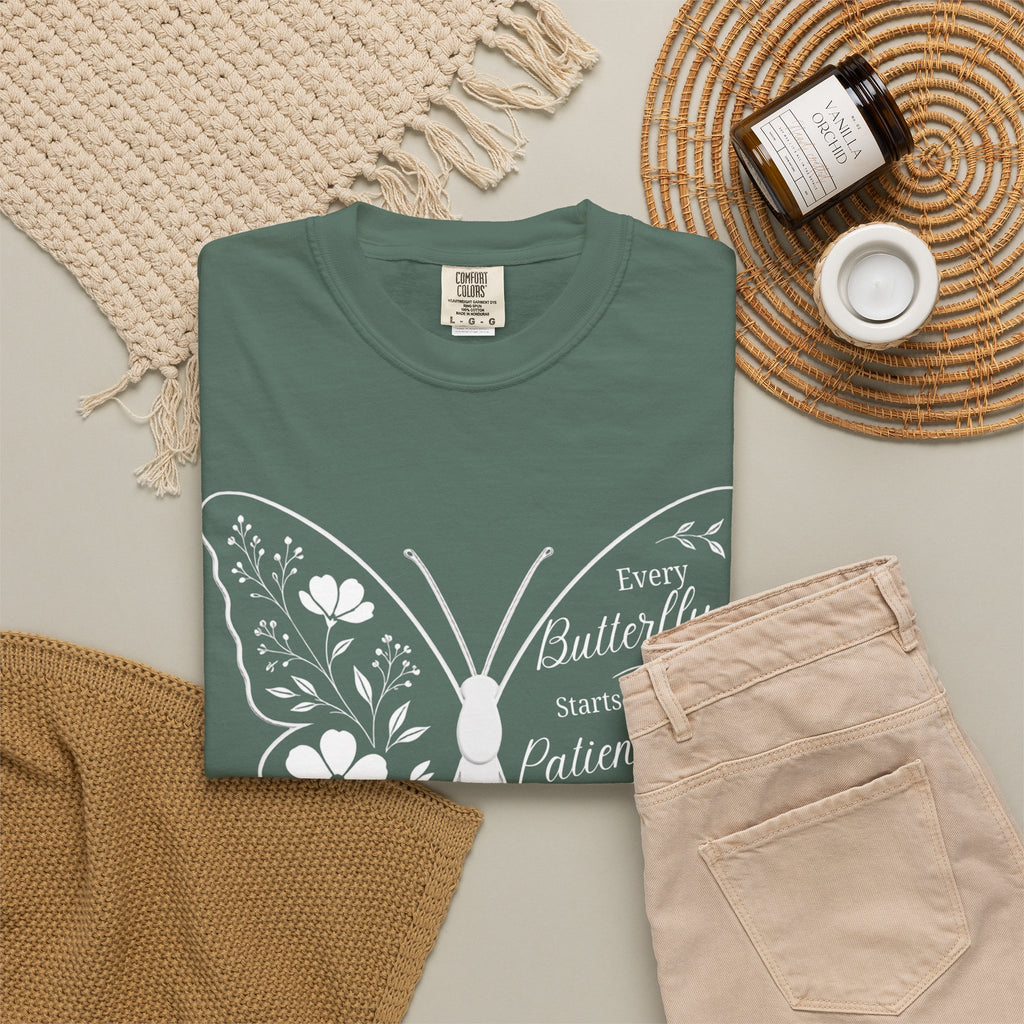 Delicate Floral Butterfly With Quote T-Shirt | Minimal Outline Inset Design