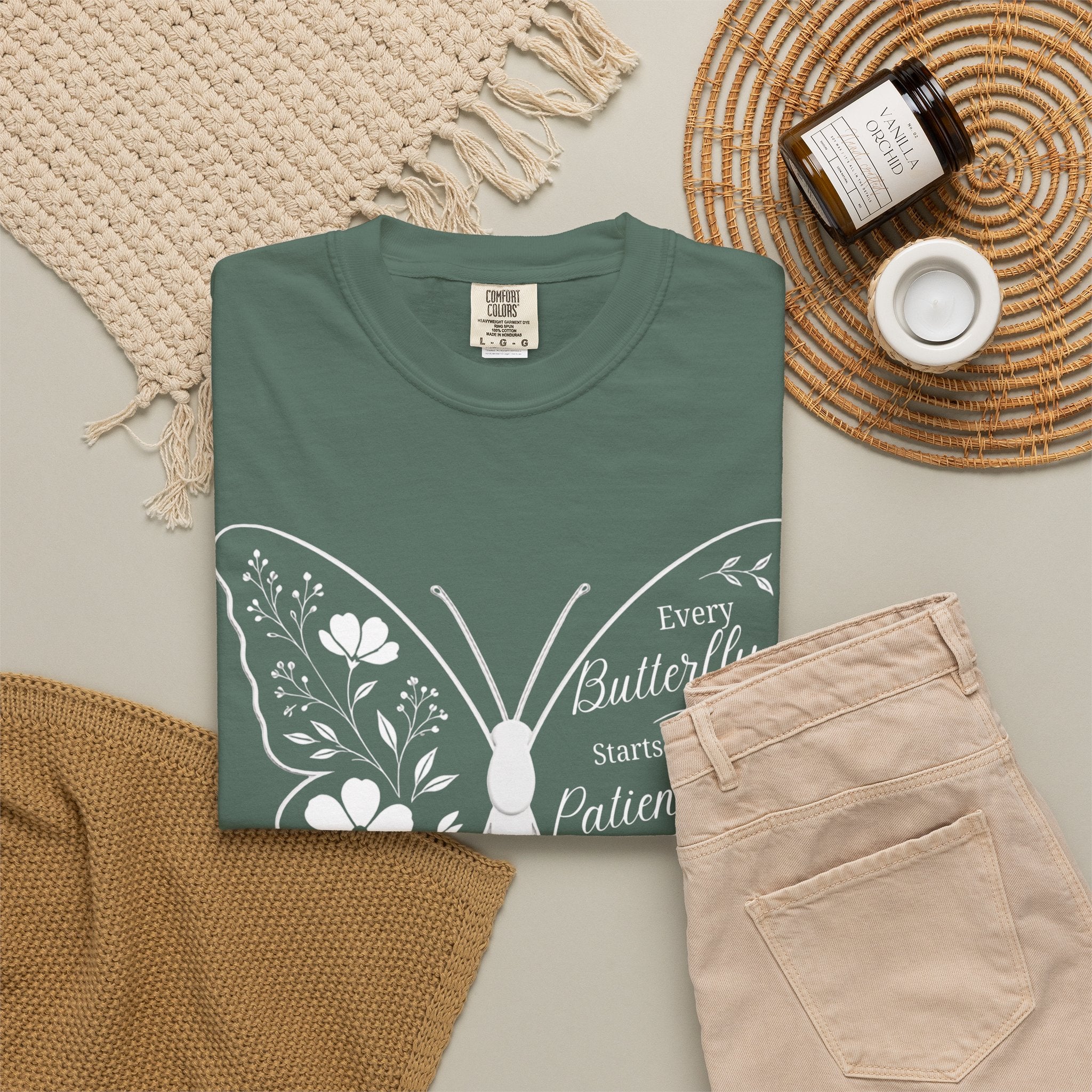 Delicate Floral Butterfly With Quote T-Shirt | Minimal Outline Inset Design