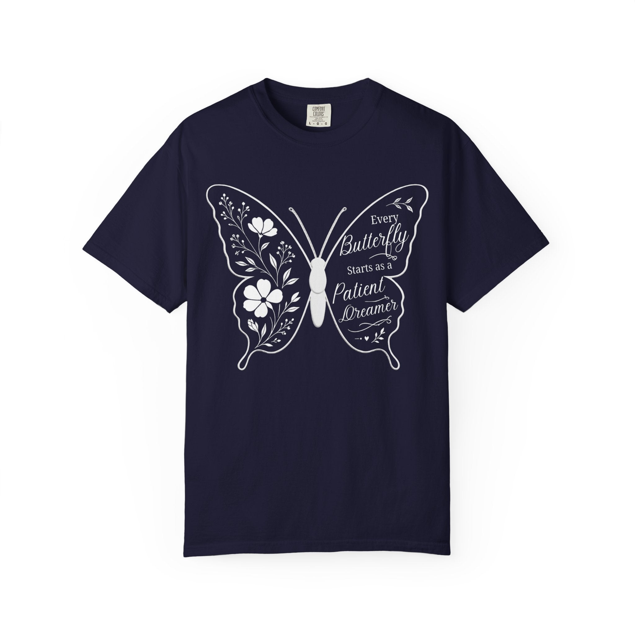 Delicate Floral Butterfly With Quote T-Shirt | Minimal Outline Inset Design