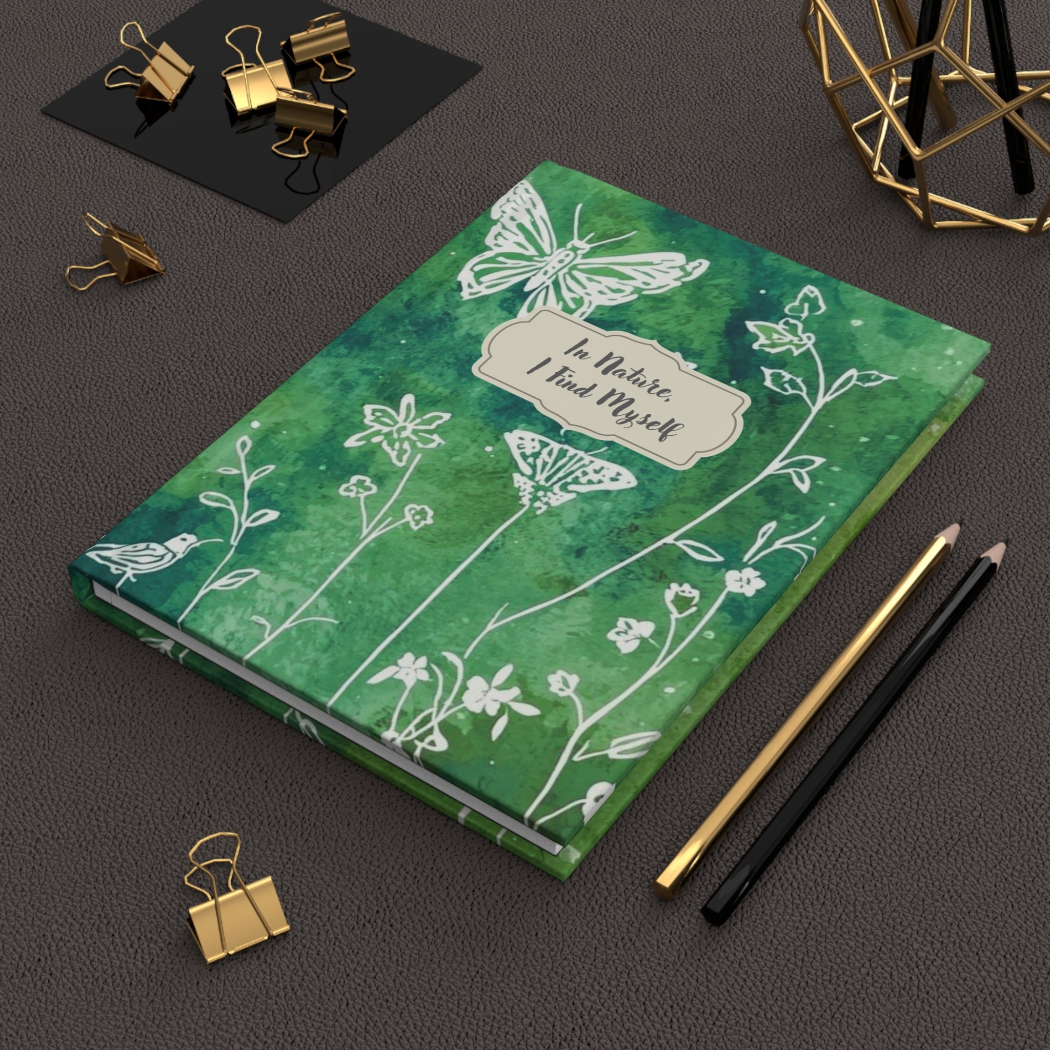 In Nature I Find Myself Hardcover Journal | Green Watercolor Butterflies & Wildflowers