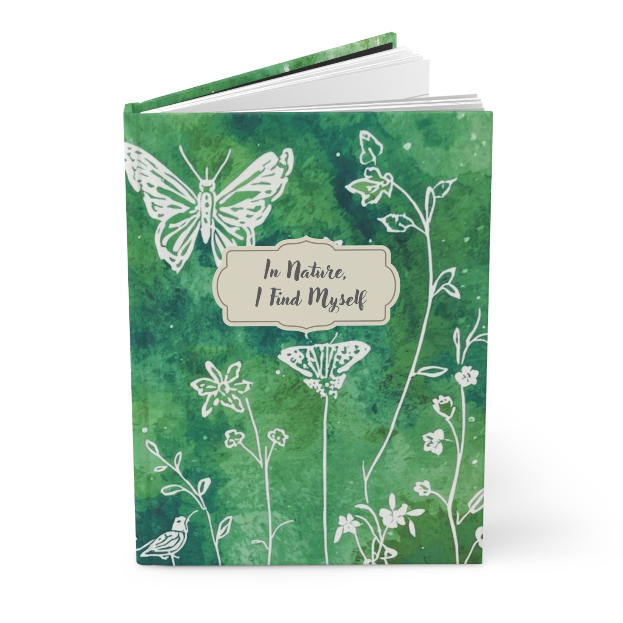 In Nature I Find Myself Hardcover Journal | Green Watercolor Butterflies & Wildflowers