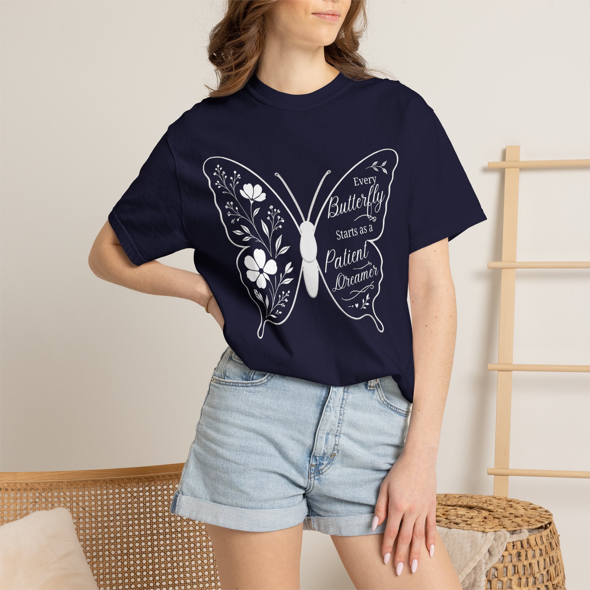 Delicate Floral Butterfly With Quote T-Shirt | Minimal Outline Inset Design