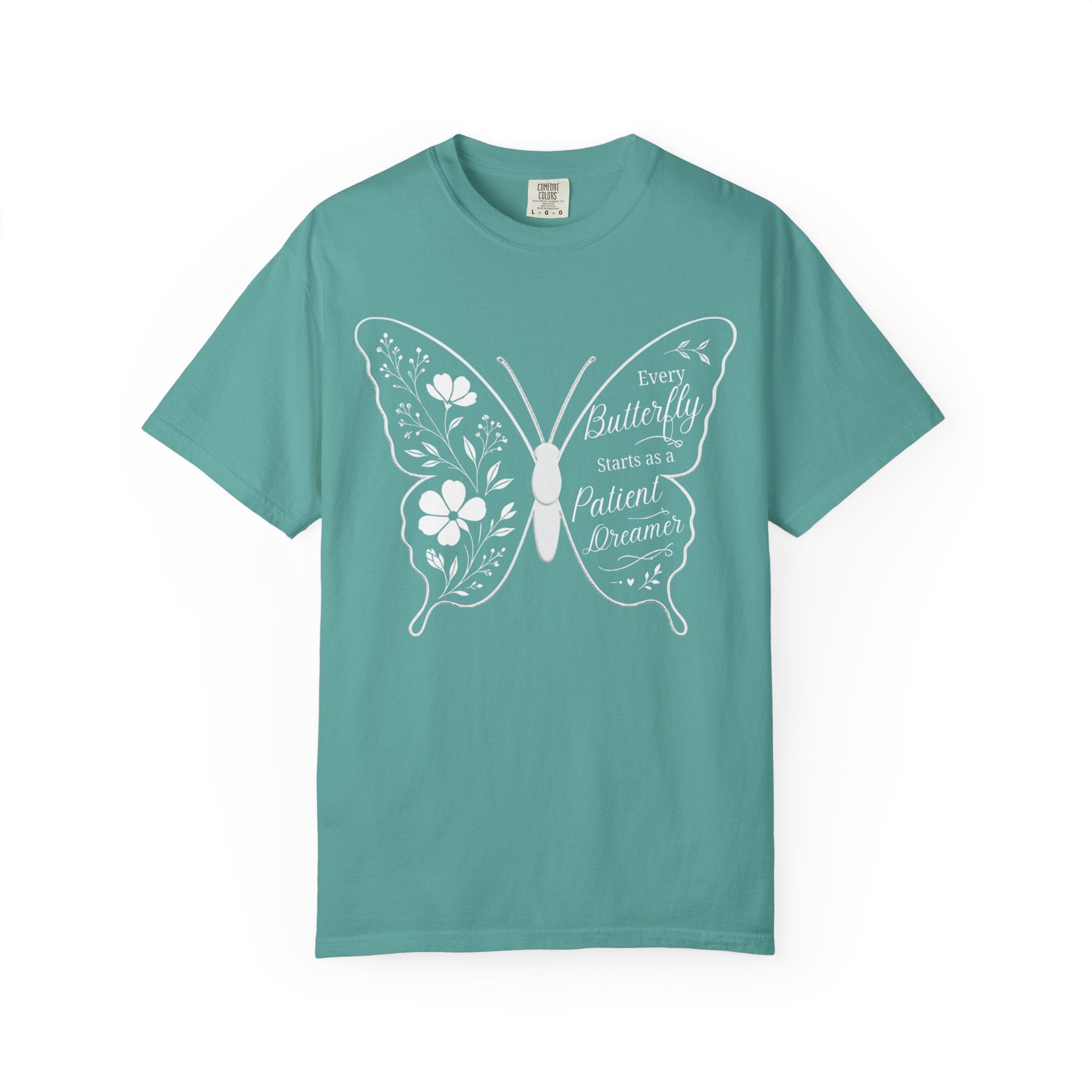 Delicate Floral Butterfly With Quote T-Shirt | Minimal Outline Inset Design