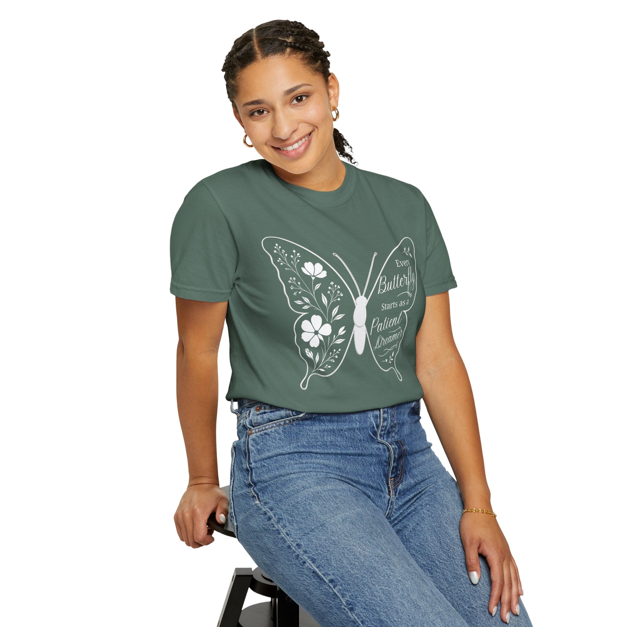 Delicate Floral Butterfly With Quote T-Shirt | Minimal Outline Inset Design