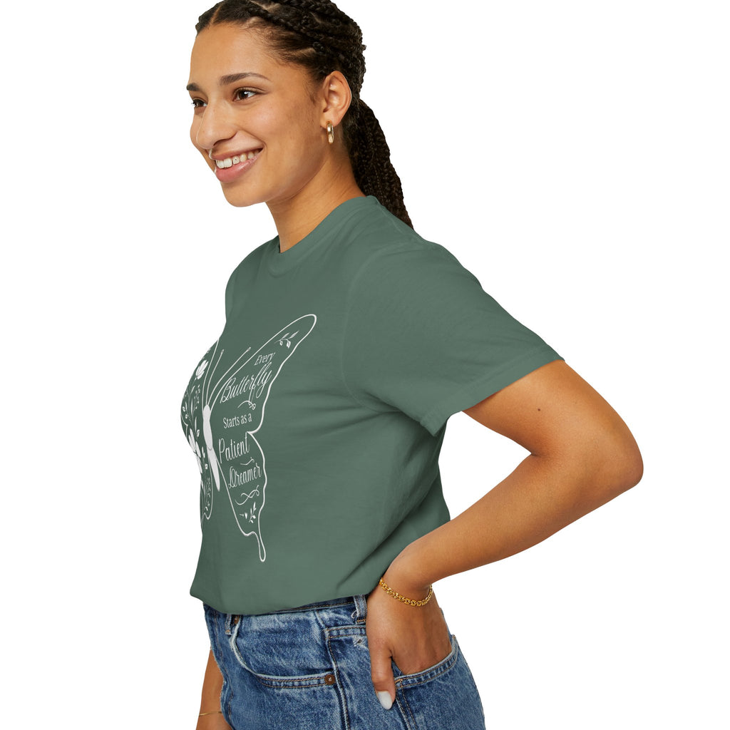 Delicate Floral Butterfly With Quote T-Shirt | Minimal Outline Inset Design