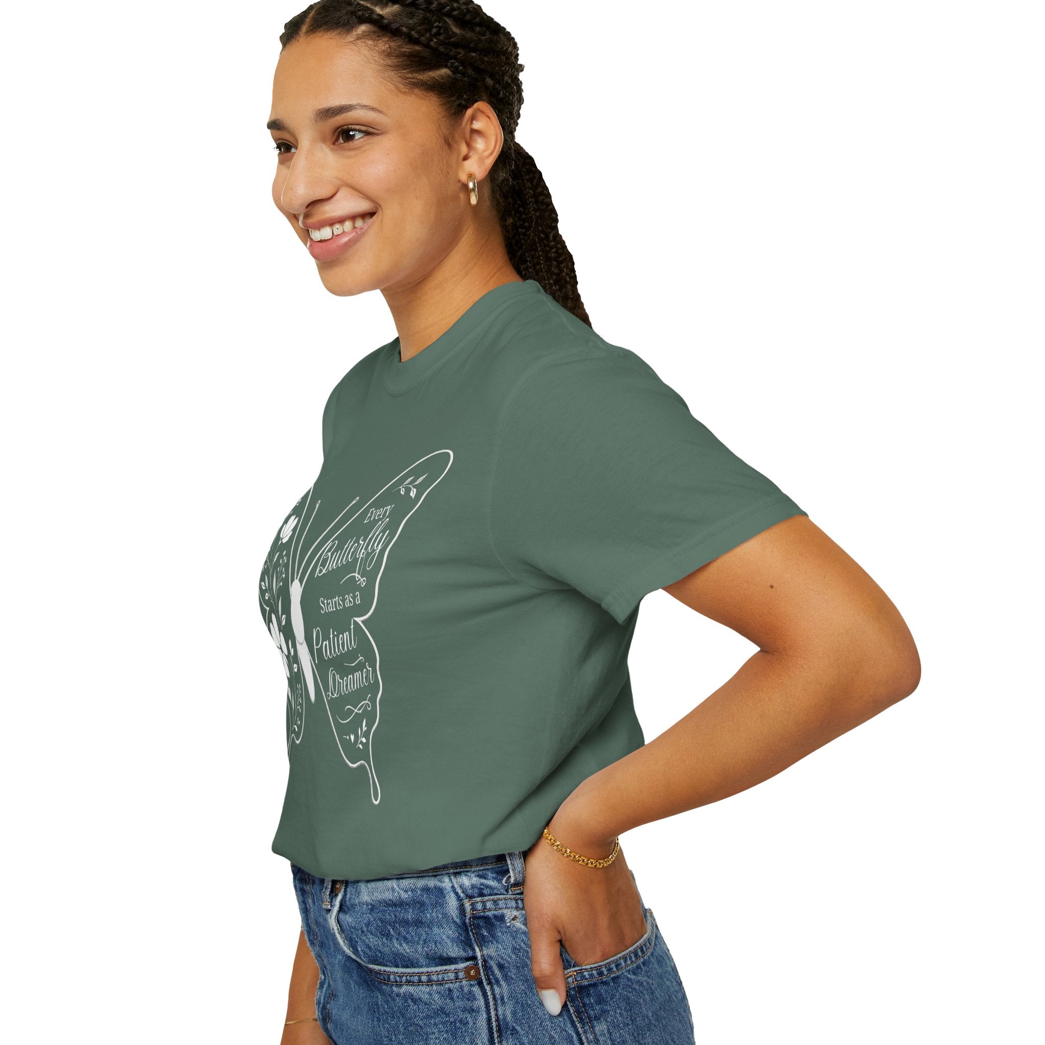 Delicate Floral Butterfly With Quote T-Shirt | Minimal Outline Inset Design