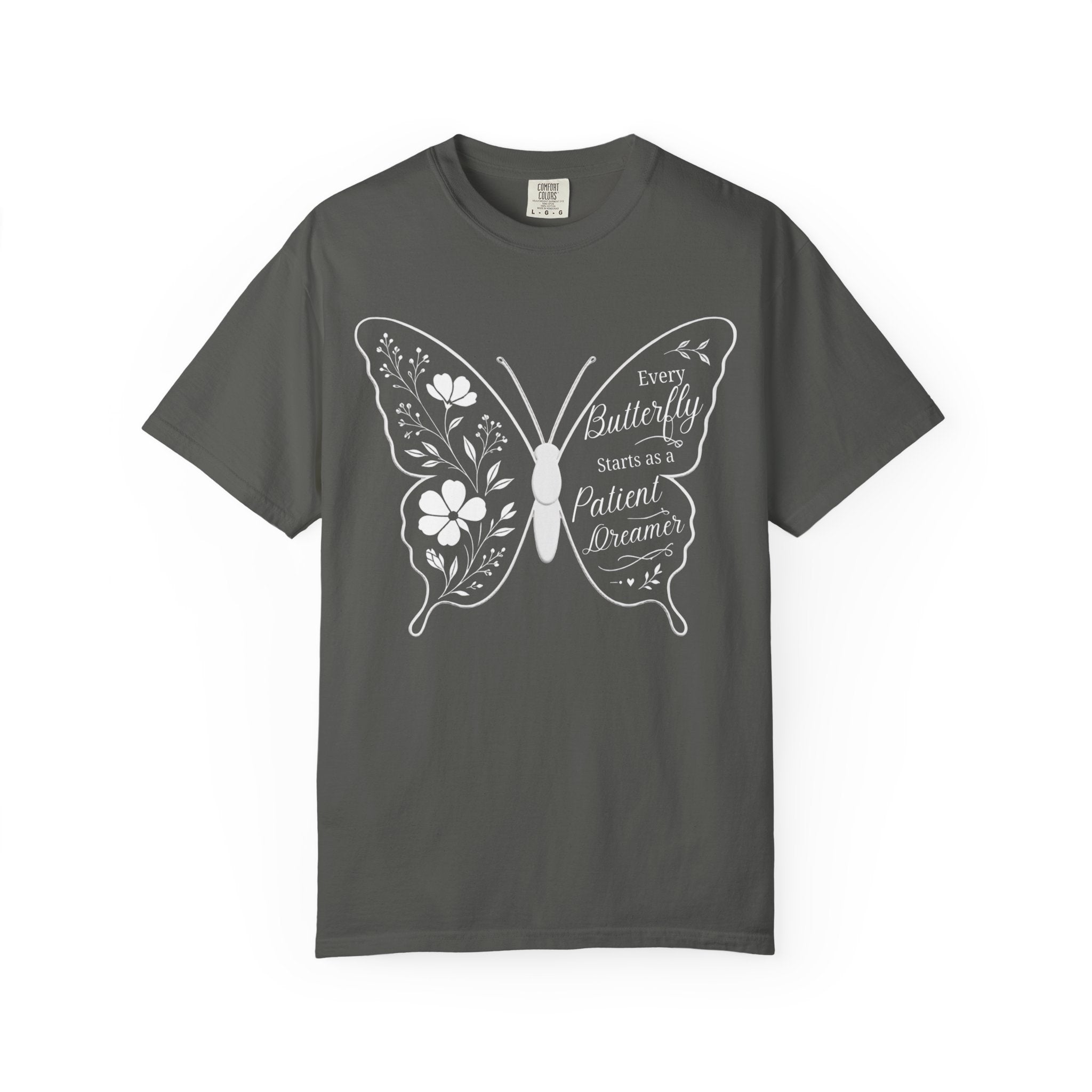 Delicate Floral Butterfly With Quote T-Shirt | Minimal Outline Inset Design