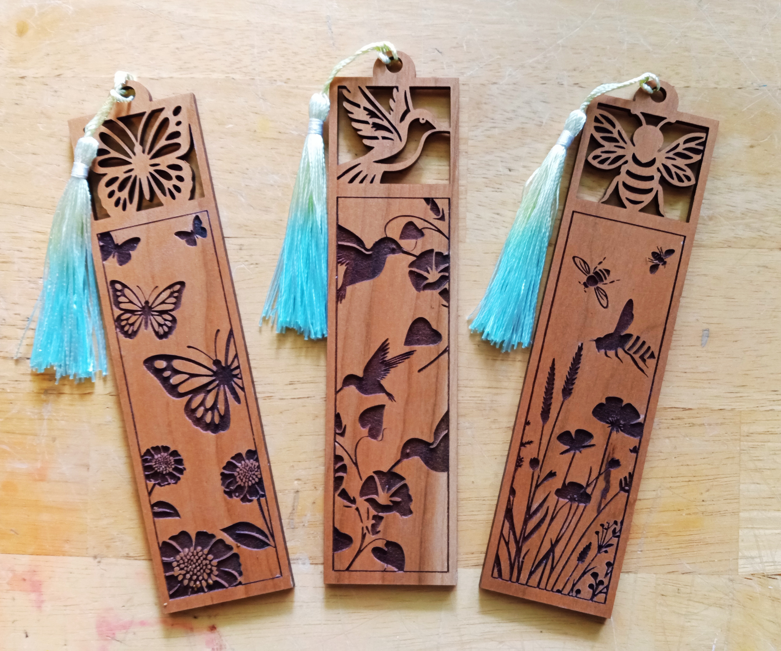 Cherry Wood Bookmark with Bees Butterflies or Hummingbirds