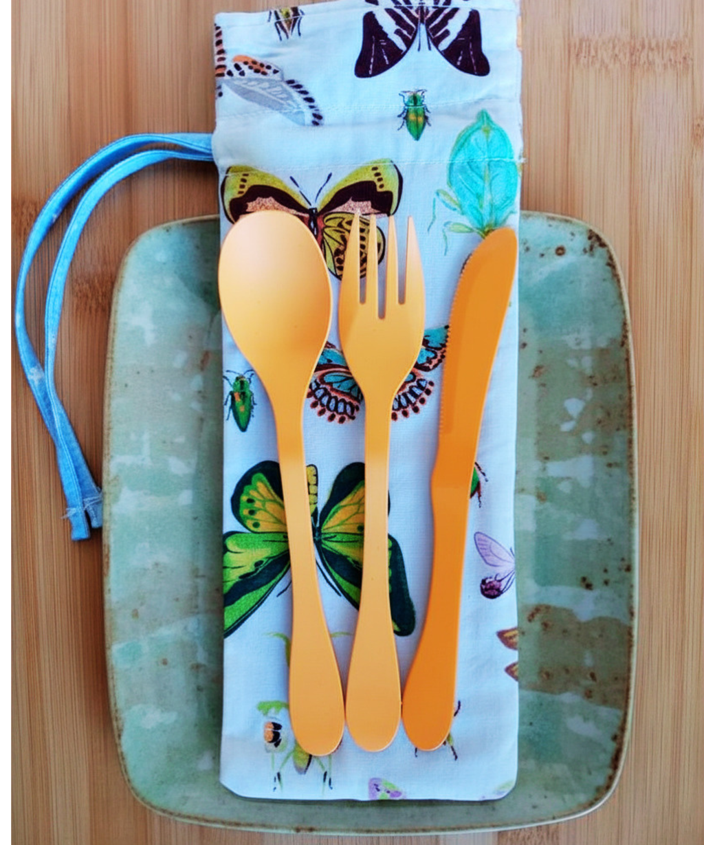 Zero Waste Plant-Based Bamboo Utensil Set in Lined Drawstring Bag, Eco Friendly Flatware