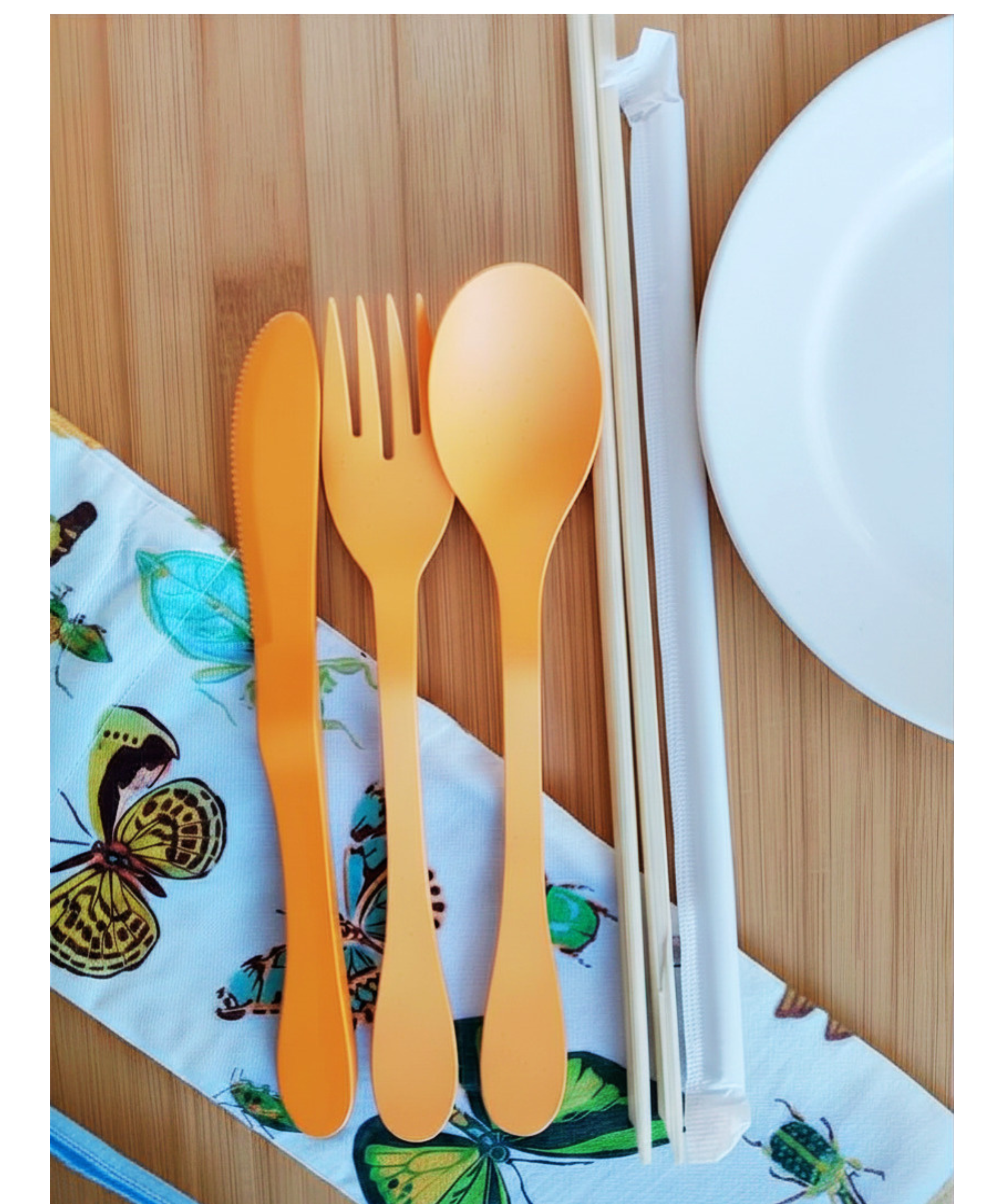 Zero Waste Plant-Based Bamboo Utensil Set in Lined Drawstring Bag, Eco Friendly Flatware