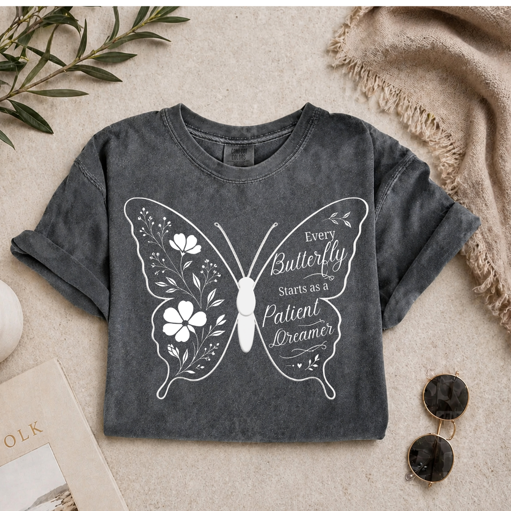 Delicate Floral Butterfly With Quote T-Shirt | Minimal Outline Inset Design