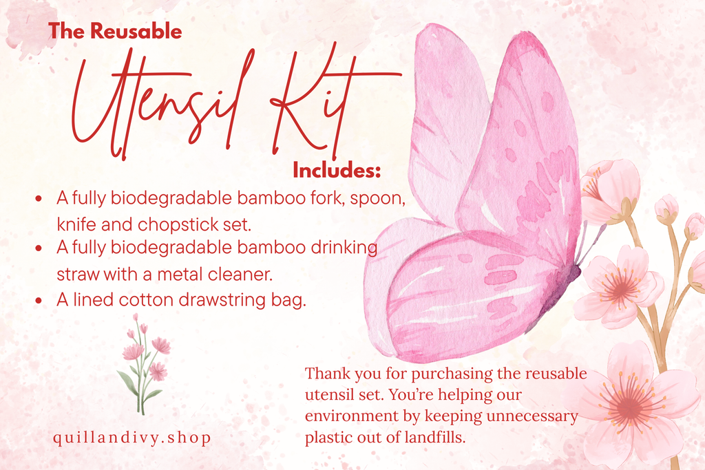 Zero Waste Plant-Based Bamboo Utensil Set in Lined Drawstring Bag, Eco Friendly Flatware