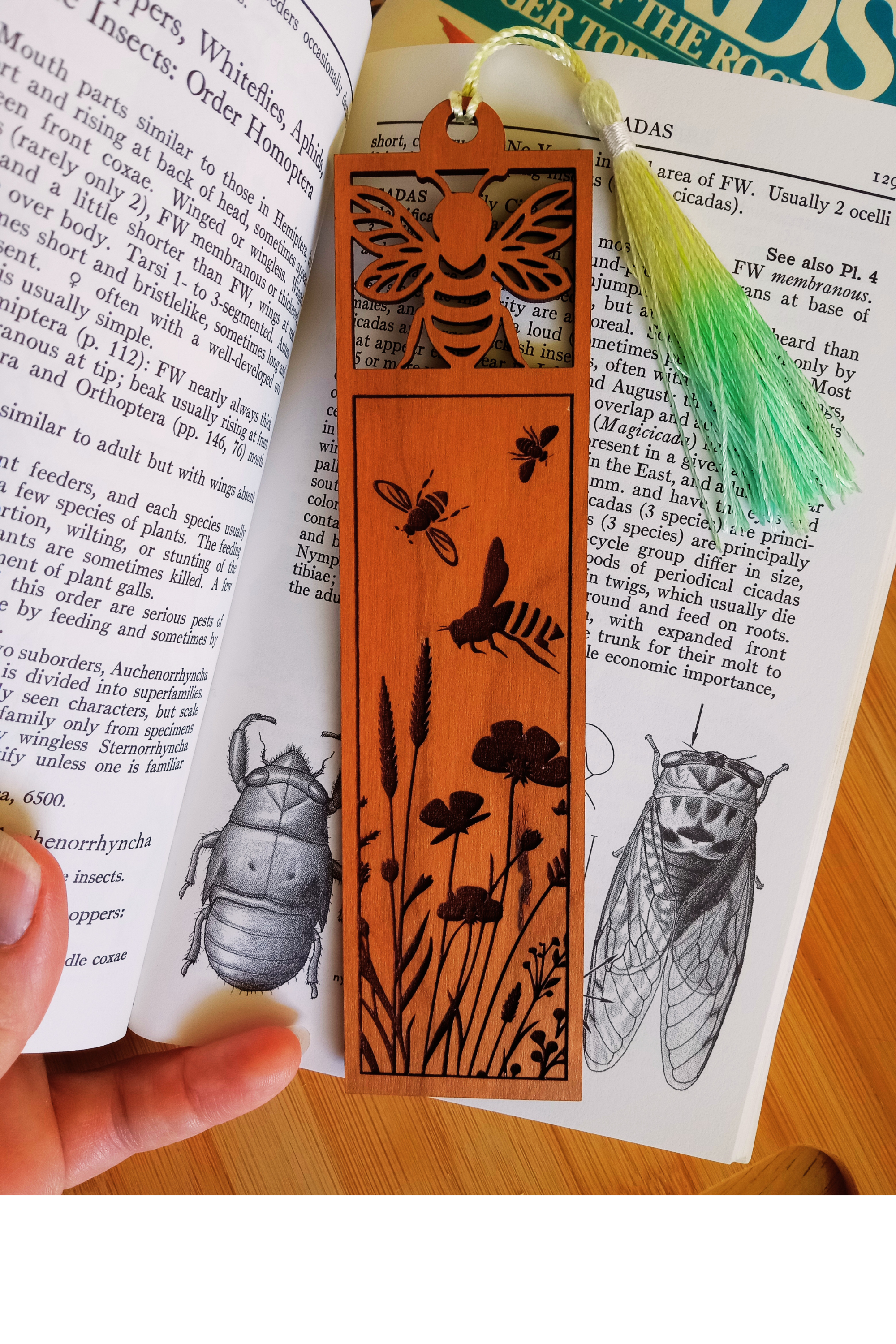 Cherry Wood Bookmark with Bees Butterflies or Hummingbirds