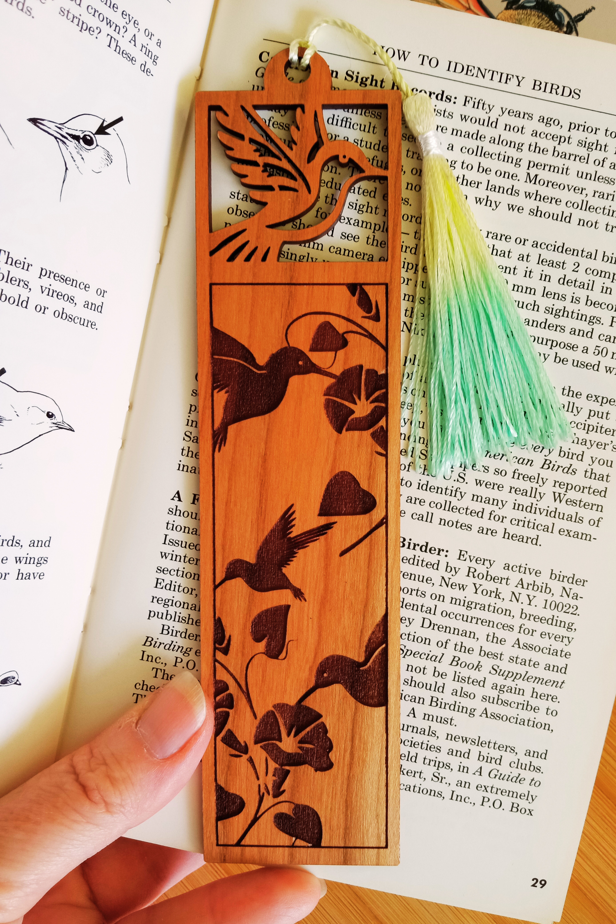 Cherry Wood Bookmark with Bees Butterflies or Hummingbirds
