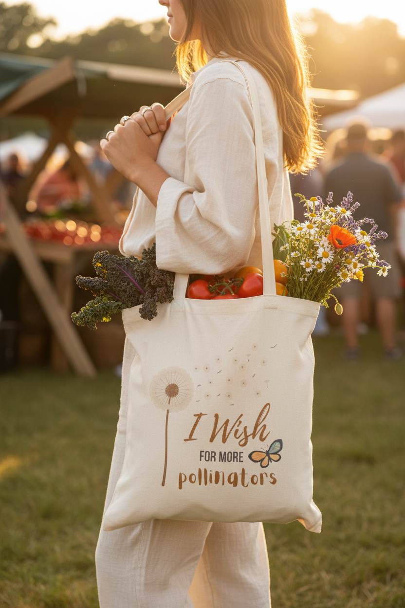 Butterfly tote bag carried at a sunny farmer's market, filled with wildflowers and produce, warm golden light lifestyle photo