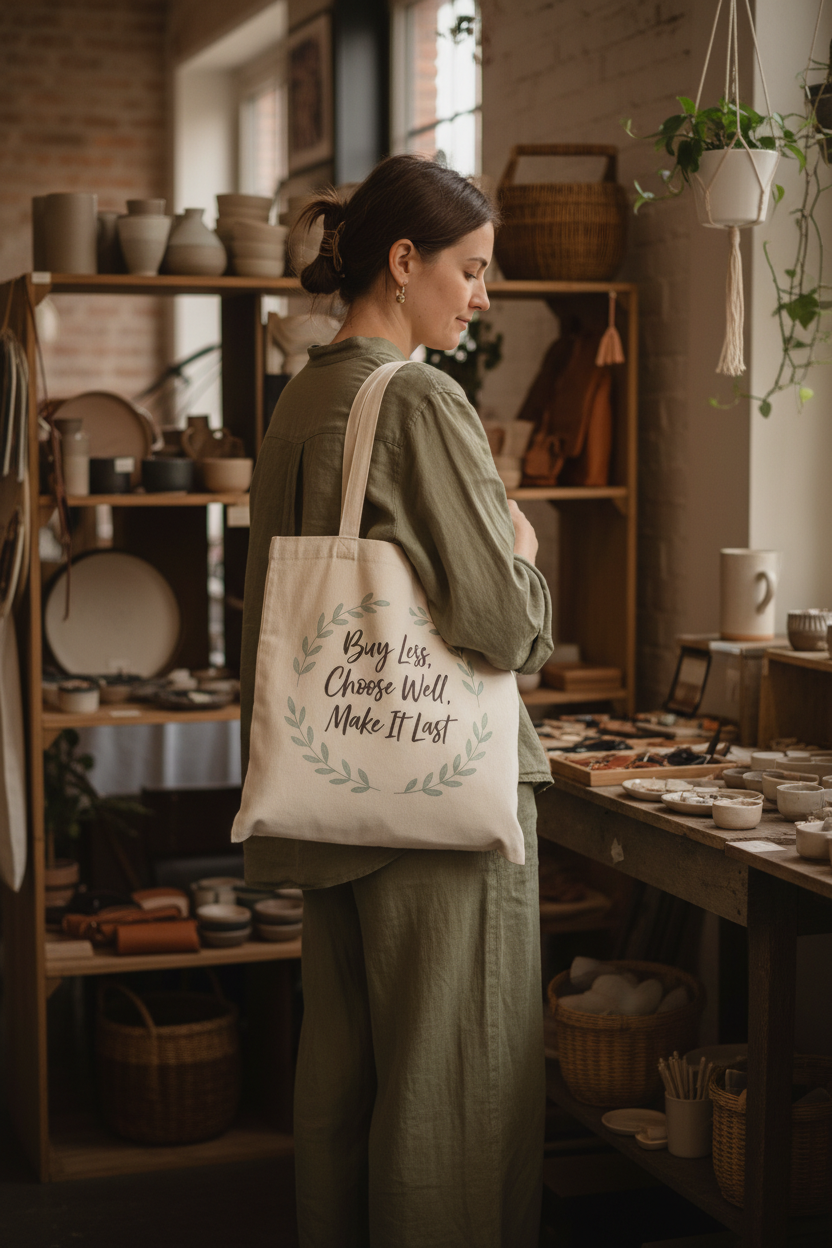 Woman in olive linen outfit carrying the Buy Less Choose Well Make It Last canvas tote bag at an artisan boutique