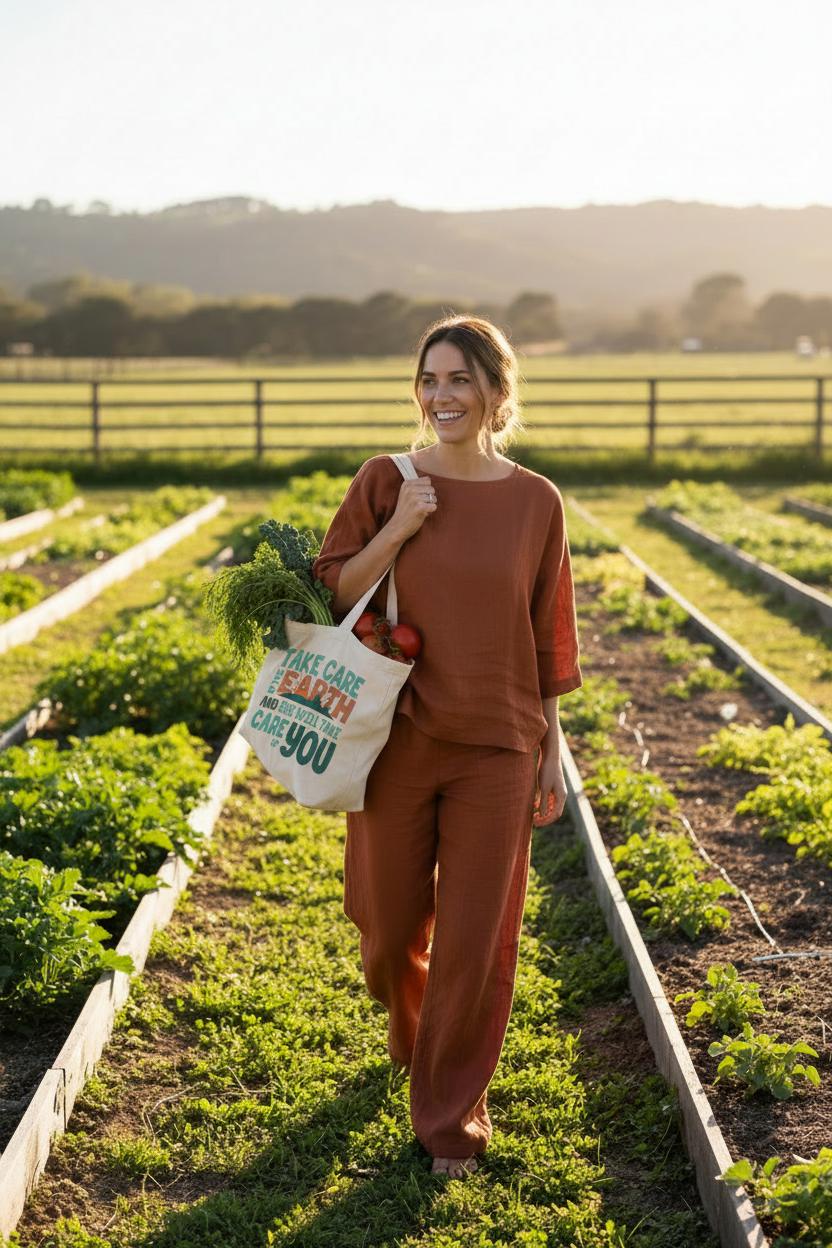 Woman in rust linen outfit carrying the Take Care of the Earth canvas tote filled with fresh vegetables on a sunny farm