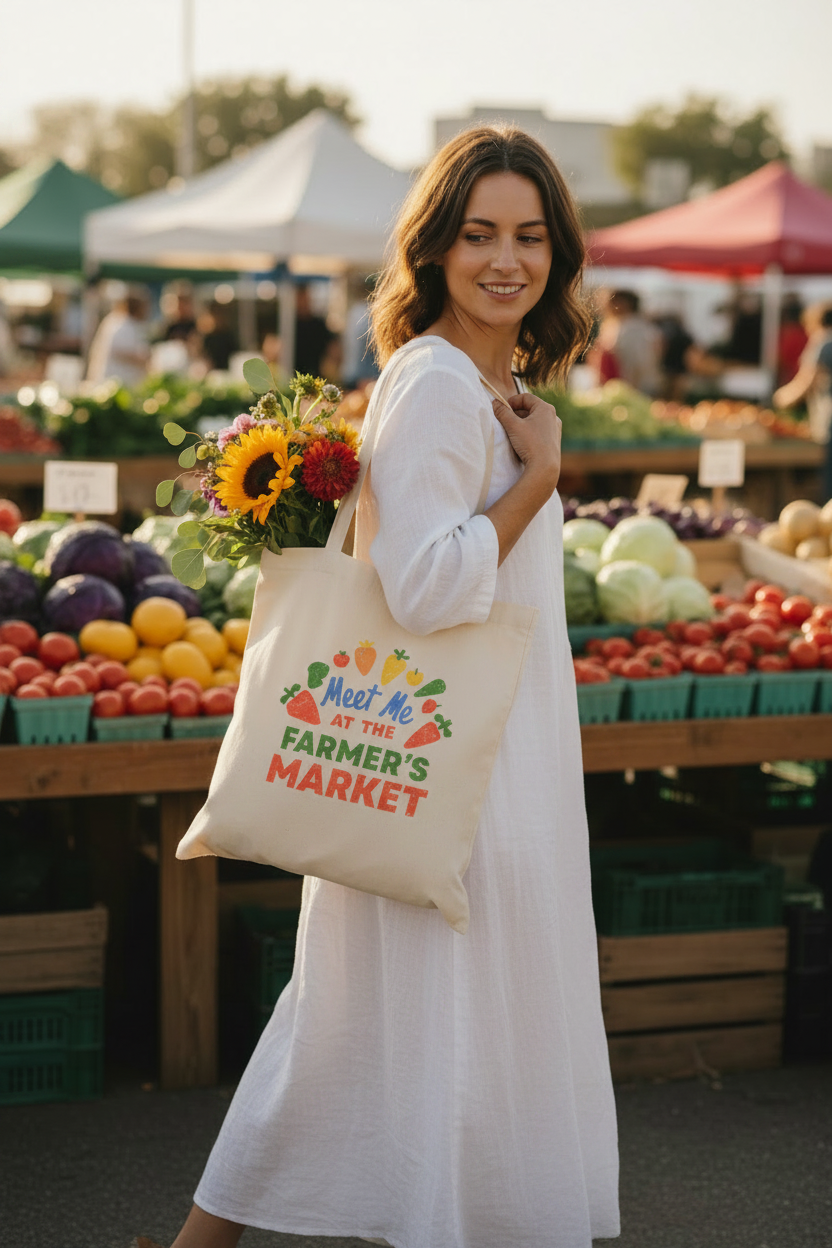Woman in a flowy summer dress carrying the Meet Me at the Farmer's Market canvas tote bag at a vibrant outdoor farmer's market