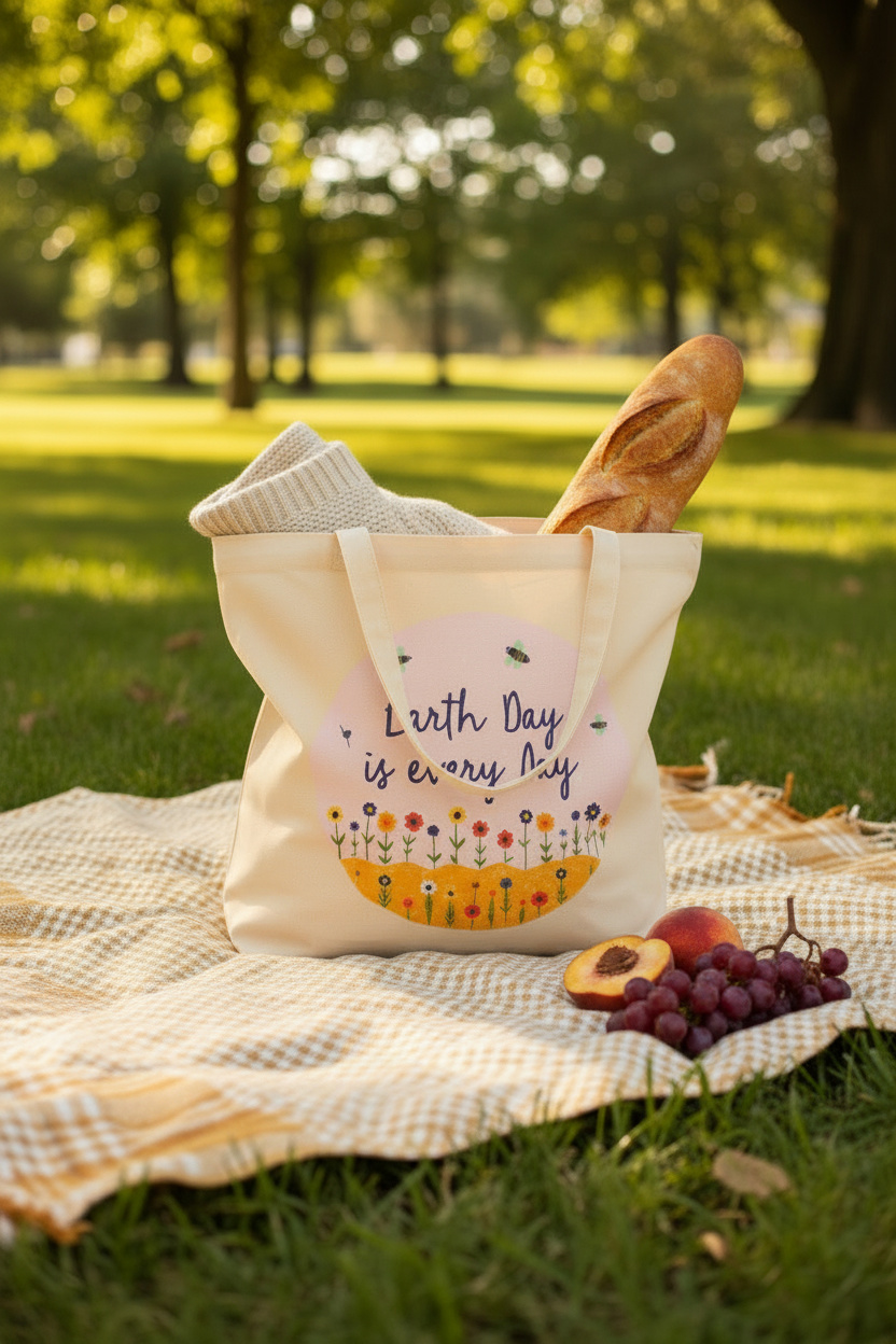 Earth Day Is Every Day canvas tote bag on a picnic blanket packed with a baguette, book, and grapes in a sunny park