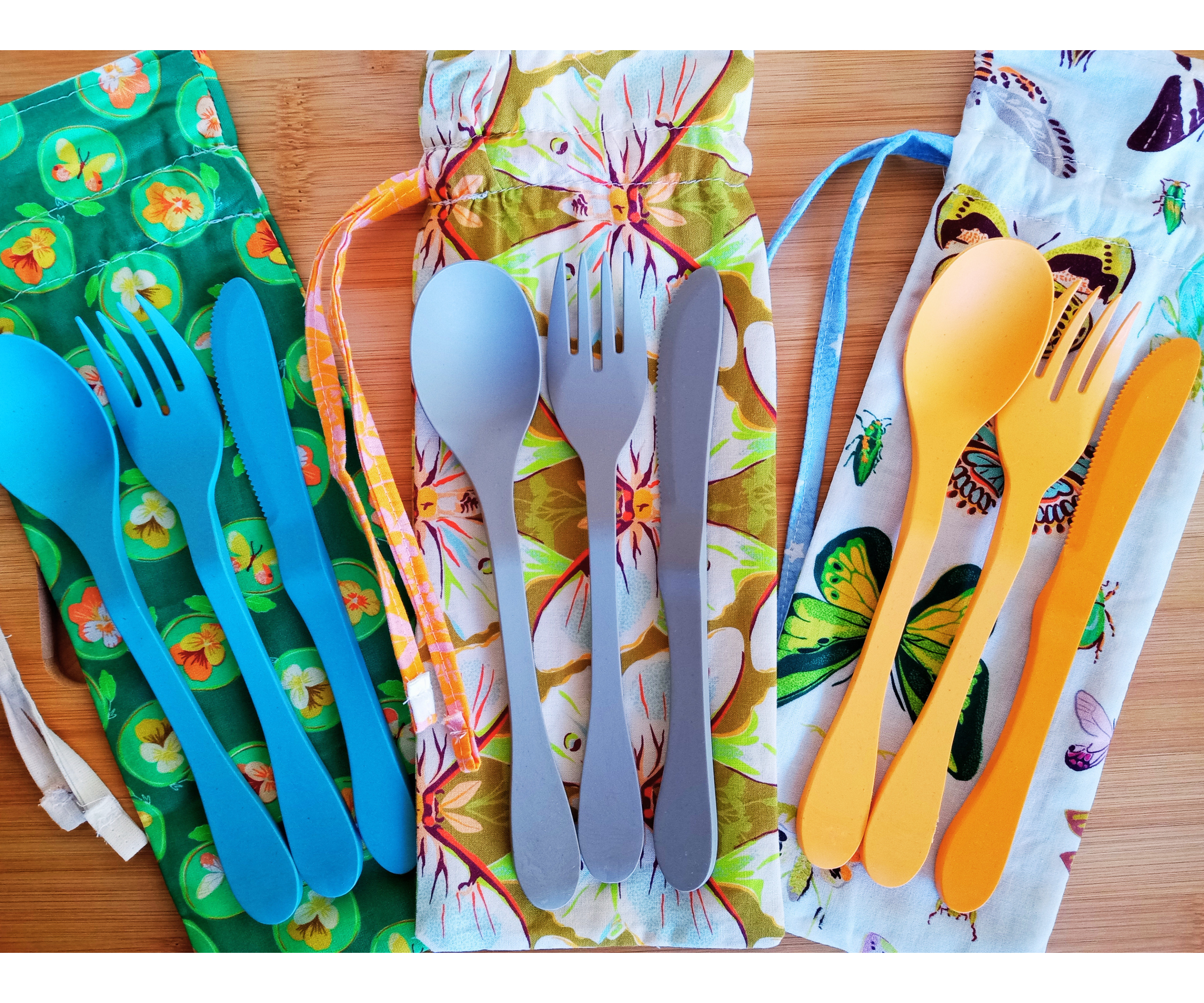Zero Waste Plant-Based Bamboo Utensil Set in Lined Drawstring Bag, Eco Friendly Flatware